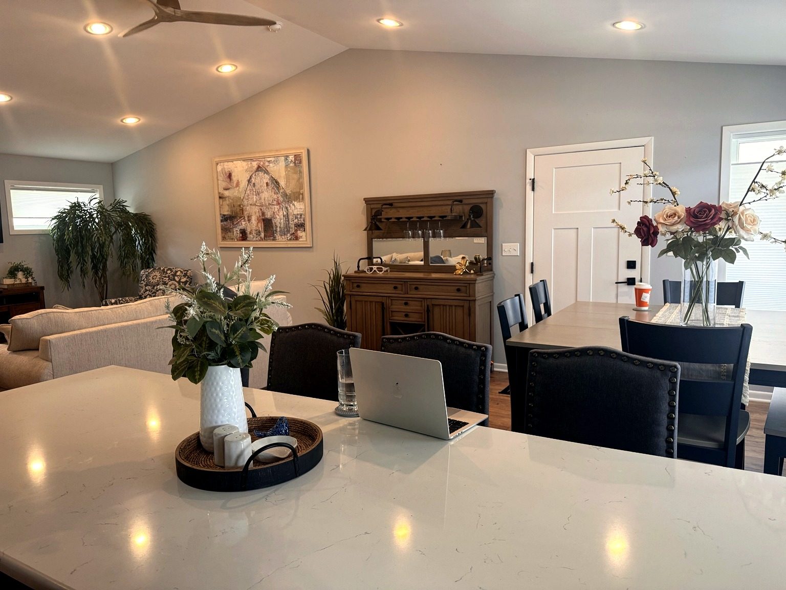 Kitchen island and dining area in the one-bedroom home